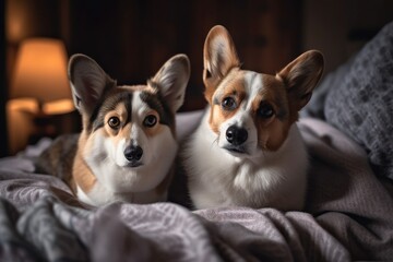 At home, a Pembroke Welsh Corgi dog and a gray kitten sit together on a bed under a cozy blanket. Generative AI