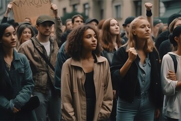 Obraz premium Group of people protesting and holding abstract signs, giving slogans in a rally. Group of demonstrators protesting in the city. Generative Ai.