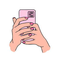 Female hands with phone, beautiful nails, manicure with gel polish. Vector Illustration for beauty salon, backgrounds, packaging, greeting cards, posters and stickers. Isolated on white background.
