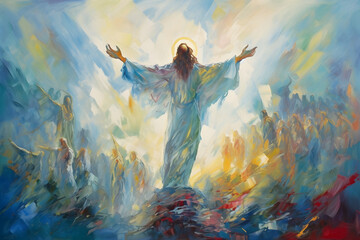 Resurrection and ascension of Christ to heaven, abstract oil painting style, ai generative