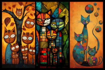 cat family illustration. stained glass. 3 illustration set