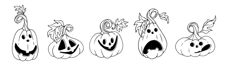 Sketch set of funny autumn pumpkin characters. Vector cartoon graphics.