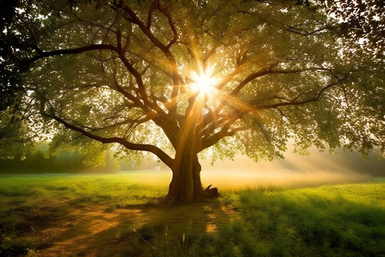 A tree full of light from the Sun in the background