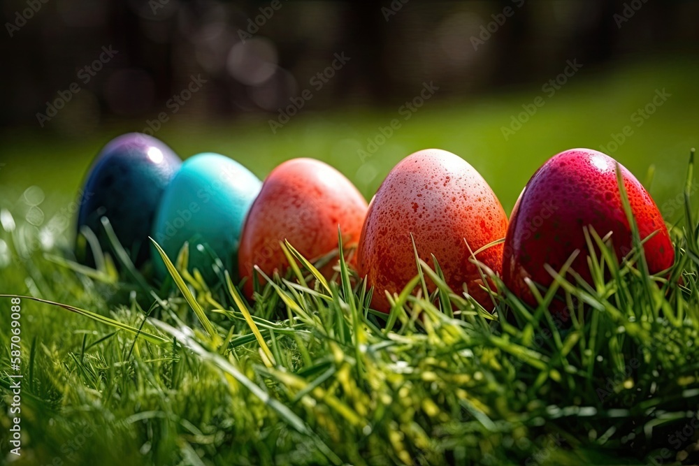 Poster colored easter eggs arranged in a row on green grass. generative ai