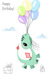 Vector cute cartoon greenish baby dragon flying in the sky holding on to balloons. Postcard, congratulations on your birthday.