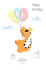 Vector cute cartoon orange dinosaur flies in the sky holding on to balloons. On the head is a crown. Postcard, congratulations on your birthday.