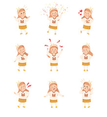 Little adorable girl expressing positive and negative emotions set. Cute girl with various face expression and gesturing cartoon vector illustration