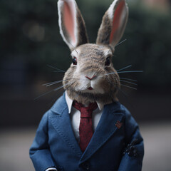 animal in a blue navy suit with red tie, rabbit, business man, generative ai	