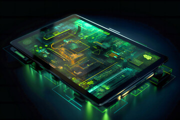 Surrounded by a vibrant green and yellow backdrop, an advanced tablet showcases detailed diagrams, transforming data into actionable intelligence