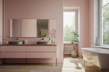 Fototapeta na wymiar Generative AI illustration of minimalist bathroom with powdery colors walls, birch plywood bathroom cabinet,