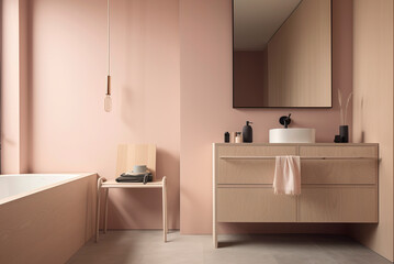 Obraz na płótnie Canvas Generative AI illustration of minimalist bathroom with powdery colors walls, birch plywood bathroom cabinet,