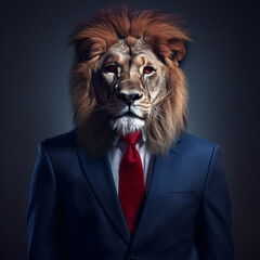 animal in a blue navy suit with red tie, lion, business man, generative ai	