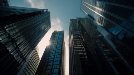 Fototapeta na wymiar Photograph of urban corporate skyscrapers shot from below towards a blue sky, business inner city concept. Generative AI