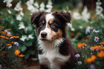 Outdoor image of a happy border collie puppy sitting on a park or garden flower background. On a walk with a new family member, a small puppy. Funny animal life concept and pet care. Generative AI