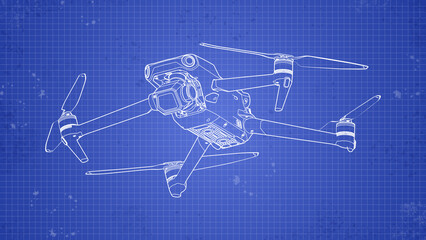 Drone Quadrocopter FPV Line Stroke. Drone Isolated. Blueprint Background.