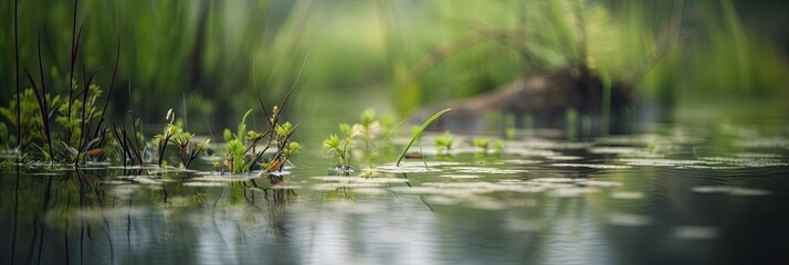 Fototapeta premium blurred image of natural background from water and plants, generative ai