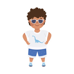 Cute self confident little boy standing with hands on hips. Dark haired curly boy dressed casual clothes and sunglasses standing in heroic pose cartoon vector illustration
