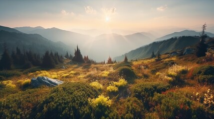 Breathtaking panorama of morning wild nature high in mountains, generative ai