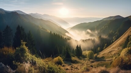 Fototapeta premium Breathtaking panorama of morning wild nature high in mountains, generative ai