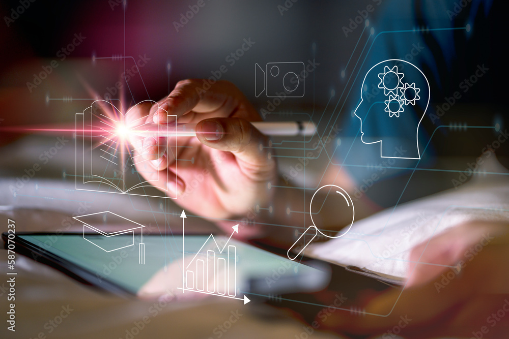Poster concept of online education. man use online education training and e-learning webinar on internet fo