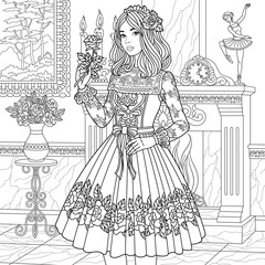 Beautiful girl in boho vintage dress. Adult coloring book page with mandala and floral elements. 
