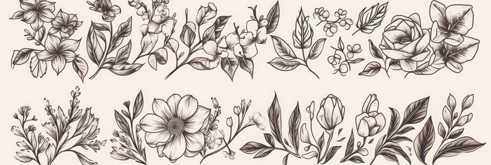 Fototapeta premium Hand drawn vintage floral borders, frames, dividers with flowers, branches and leaves. Trendy greenery elements in line art style. generative ai