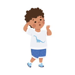 Cute little boy with confused face expression. Puzzled dark haired curly boy dressed white t-shirt and blue shorts cartoon vector illustration