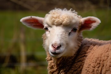 Fototapeta premium A sheep portrait in the Netherlands, spent a weekend away from the city with fresh air and a natural backdrop. Date and time of day. Generative AI