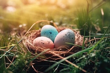 Fototapeta na wymiar Three Speckled Eggs in a Nest in the Grassy Meadow. Generative AI