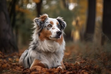 Young Australian Shepherd dog enjoying himself in a park during the summer. blank area for text. Generative AI