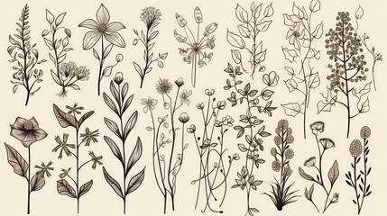 Minimal hand drawn floral botanical line art. Trendy simple elements of wild and garden plants, branches, leaves, flowers, herbs,  generative ai