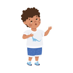 Cute crying little boy with upset face expression. Unhappy dark haired curly boy dressed white t-shirt and blue shorts cartoon vector illustration