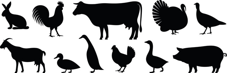 Farm animals silhouette. Isolated farm animals on white background