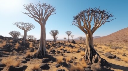 The Quiver Trees. Dry trees in forest field in national park in summer season, generative ai