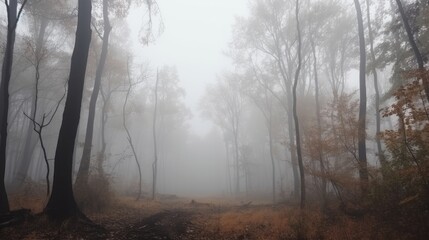 Fototapeta premium Trees in the fog. The smoke in the forest in the morning. A misty morning among the trees. generative ai