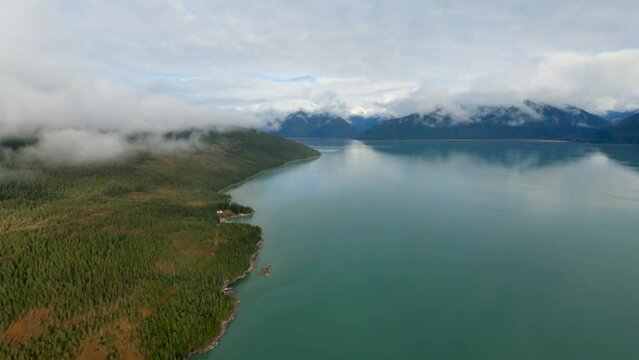 Taku Inlet Juneau Alaska Aerial Flight Along Wooded Coastline Green Glacial Water Vast Wilderness