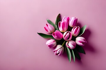 Beautiful composition spring flowers. Bouquet of pink tulips flowers on pastel pink background. Valentine's Day, Easter, Birthday, Happy Women's Day, Mother's Day. Flat lay, top view, copy space