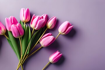 Beautiful composition spring flowers. Bouquet of pink tulips flowers on pastel pink background. Valentine's Day, Easter, Birthday, Happy Women's Day, Mother's Day. Flat lay, top view, copy space