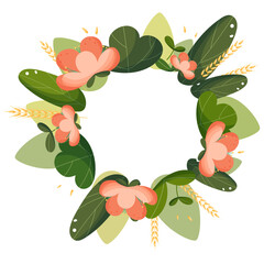Green wreath of leaves and flowers isolated on a white background. Vector illustration.