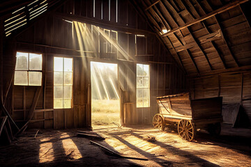 old barn with sun rays from windows. Generative AI, Generative, AI - obrazy, fototapety, plakaty