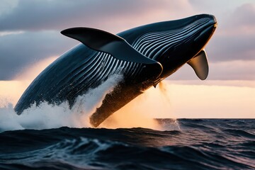 Fototapeta premium The whale jumps out of the ocean in stormy weather. Wildlife concept of ecological environment. Generative AI