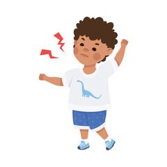 Cute little boy looking angry. Displeased dark haired curly boy dressed white t-shirt and blue shorts cartoon vector illustration