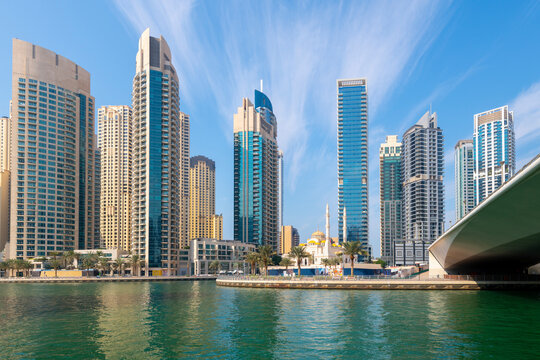 General view of the Al Rahim Mosque at the Dubai Marina, a waterfront promenade of shops, boat marinas and skyscrapers, along the coast of Dubai, United Arab Emirates, on December 2 2022.