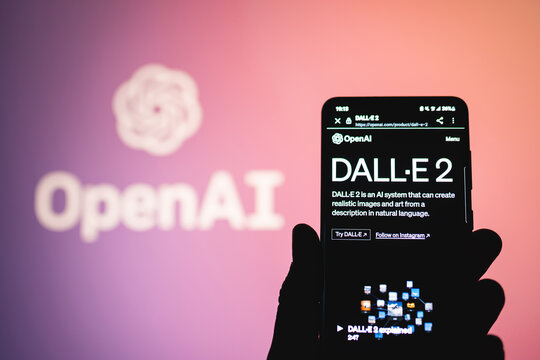 DALL-E 2 by OpenAI webpage on phone screen. Dalle is an Artificial Intelligence program that creates AI images and Art from a text description. Open AI logo background. Swansea, UK - March 30, 2023.