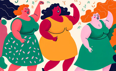Group image of women celebrating their overweight and femininity, to promote body positivity and self-love in a targeted marketing campaign. Generative AI