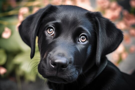 A black Labrador Retriever is depicted in a photo. a close up of a lab puppy. Face, eyes, ears, nose, and paws of a black dog. In the garden, pet. daylight photography. the best buddy of people. Shine