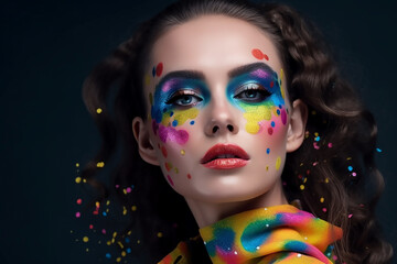 Girl with bright eye-makeup, colored items.. Stylish fashionable concept, generative AI tools