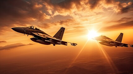 Fototapeta na wymiar Two jet fighters engage at sky. Generative AI