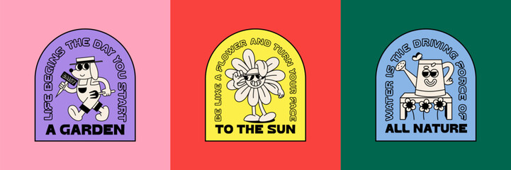 Set of Funny Retro Illustration with Quotes. Vector Characters in Groovy Vintage Style. Outdoor Summer Gardening Logo