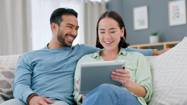 Relax, tablet and ecommerce couple on sofa with decision and options for purchase in living room. Family home and shopping online together with digital device choice in a romantic relationship.